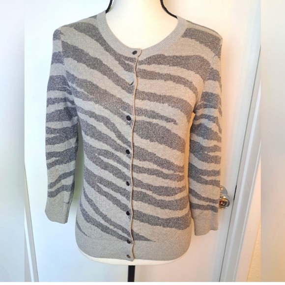 Banana republic silk poly small zebra gray metallic new cardigan career NWT - Picture 2 of 4